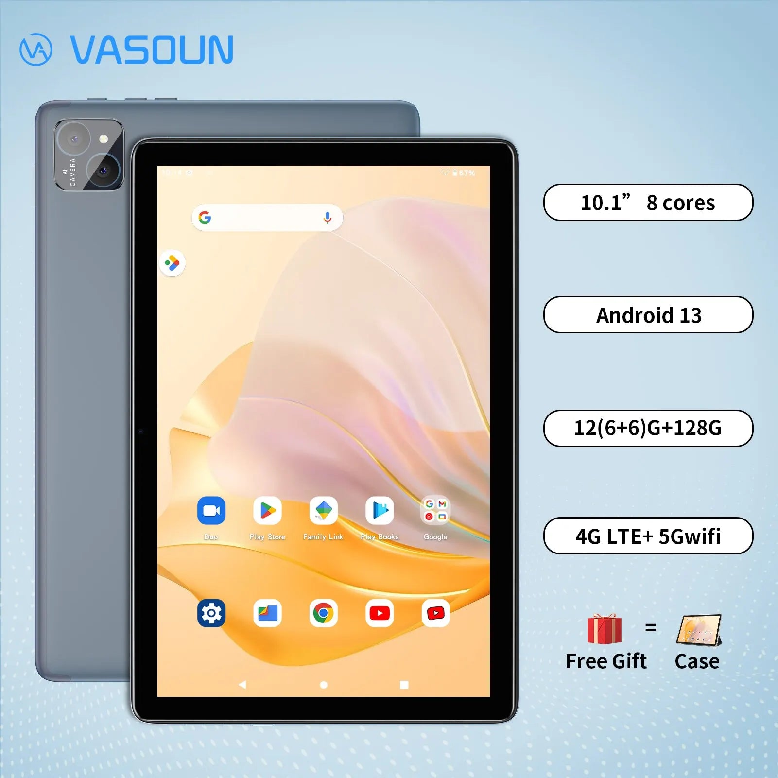VASOUN Android 13 Tablet 10.1" Octa Core, 128GB ROM, Dual SIM 4G Unlocked: Ultimate Performance Tablet  computerlum.com   