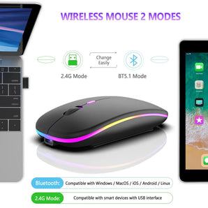 Wireless Mouse Dual Modes Rechargeable RGB Ergonomic Silent Click  computerlum.com   