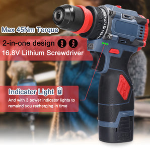 16.8V/21V Brushless 2 in 1 Electric Screwdriver Impact Drill 45/55Nm Rechargeable Multifunctional Cordless Screw Driver Drill
